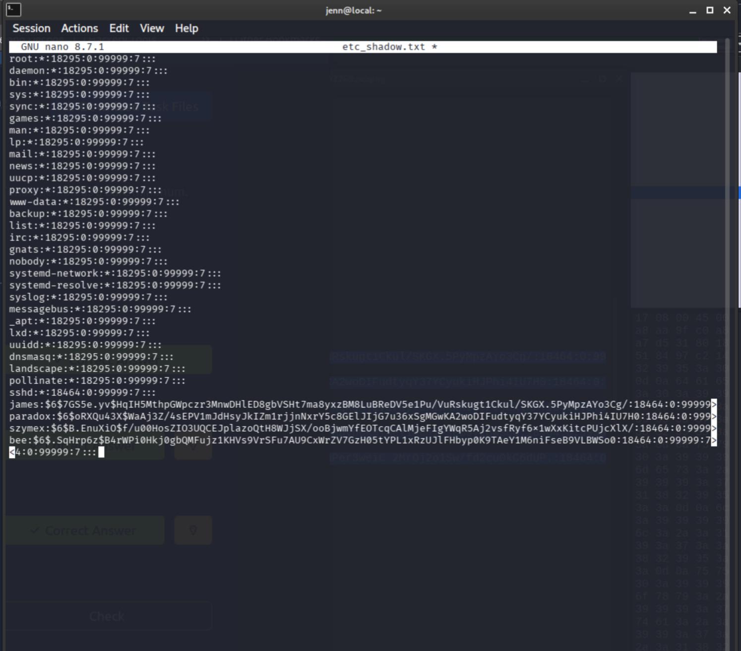 /etc/shadow contents copied to local file for offline cracking